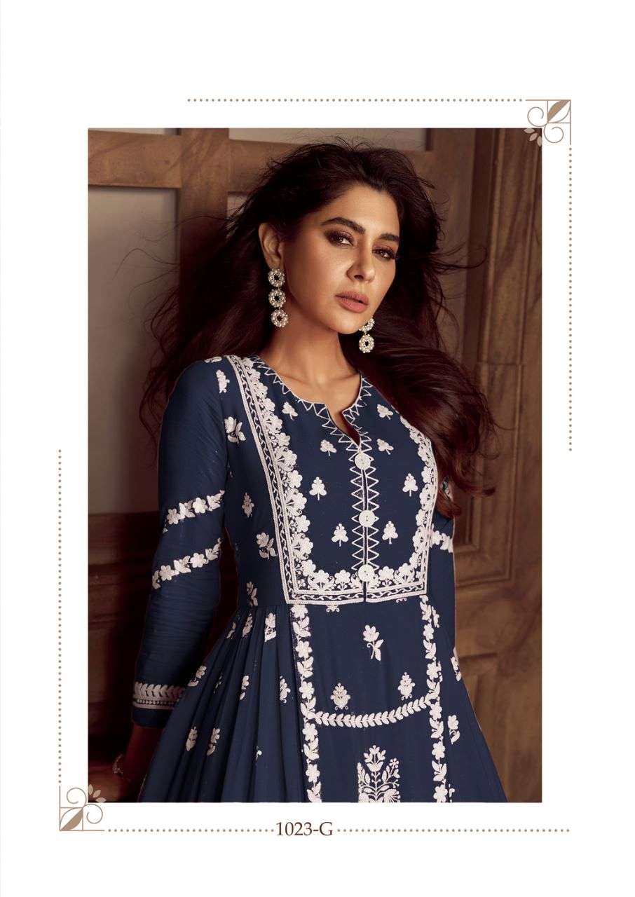 LAKHNAWI VOL 4 DARK COLOR HEAVY REYON WHITE THREAD EMBROIDERY WORK NAYRA CUT KURTI WITH PLAZZO AND NAZMIN DUPATTA BY VAMIKA BRAND 1023 G C